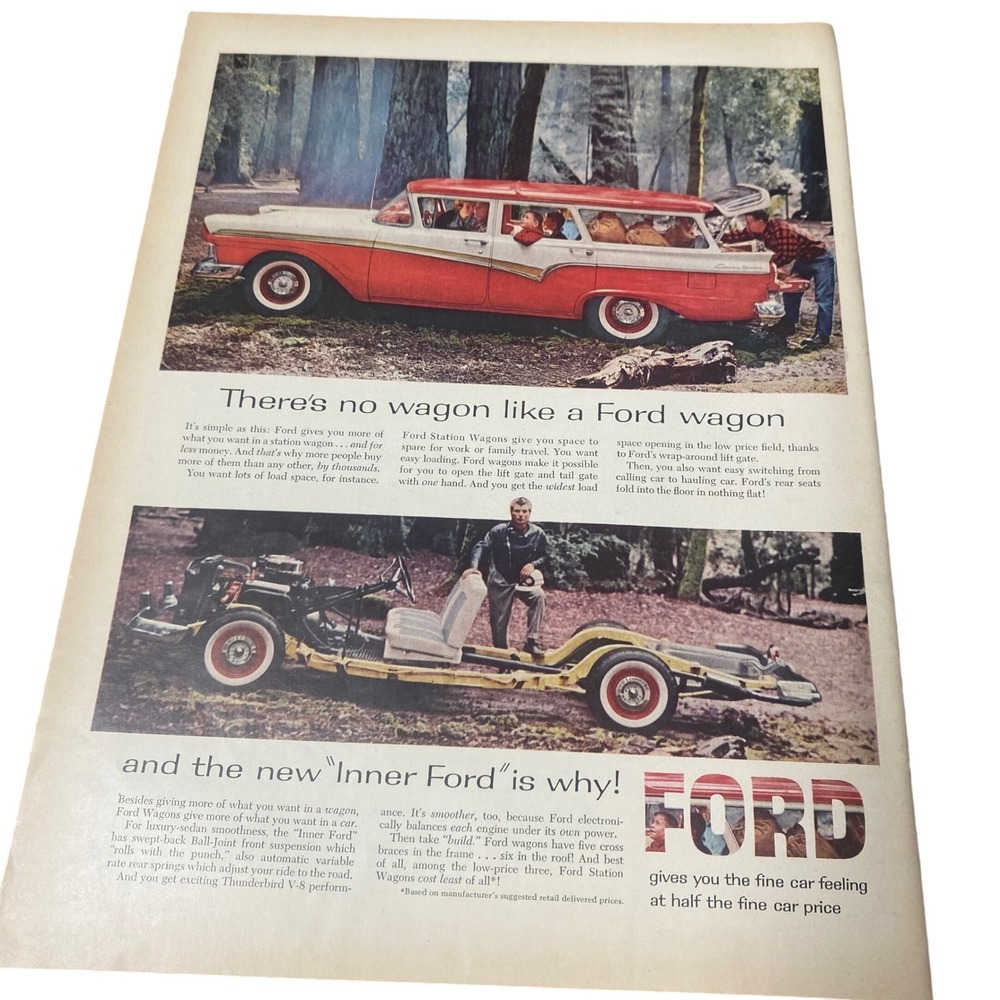 Vintage 1950s Ford Station Wagon & RCA Victor Color TV Magazine Ad Print Art